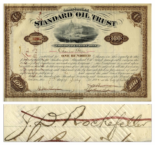 John D. Rockefeller Signed Stock Certificate for Standard Oil Trust From 1882